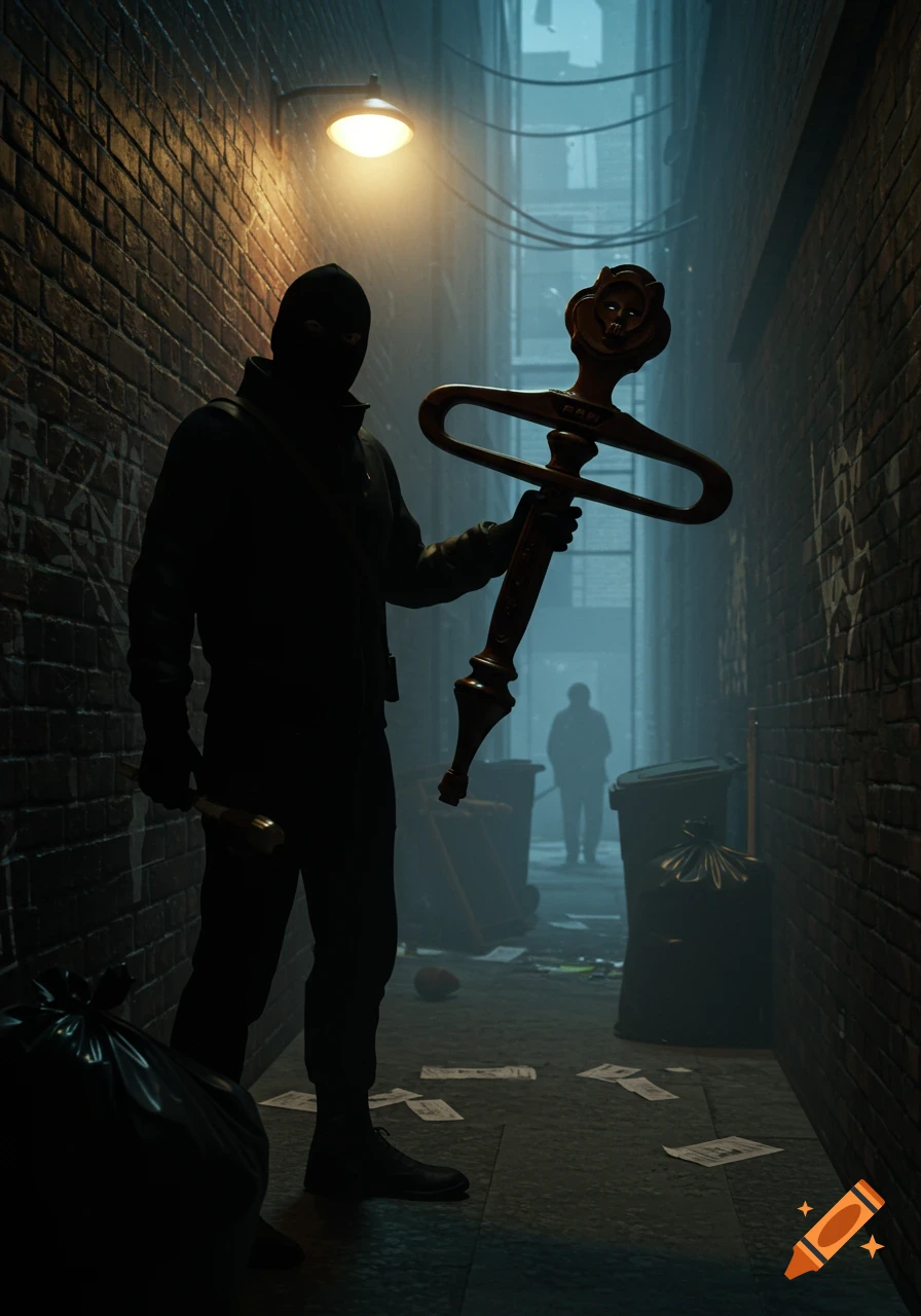 A masked figure in a dark, grimy alley holds a large ornate key and a club, with another person in the distance.