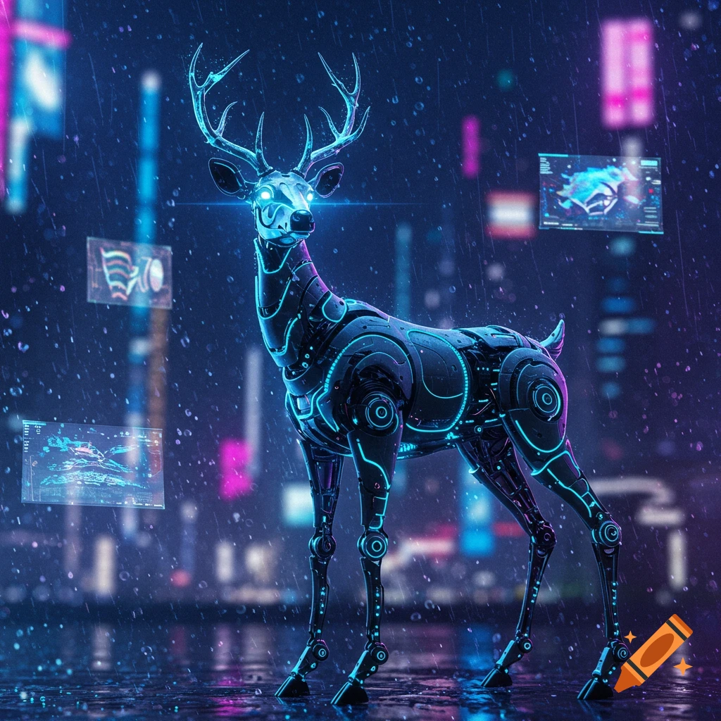 A cybernetic deer with glowing blue lines stands in a rainy, neon-lit cyberpunk city at night, with holographic screens floating around it.