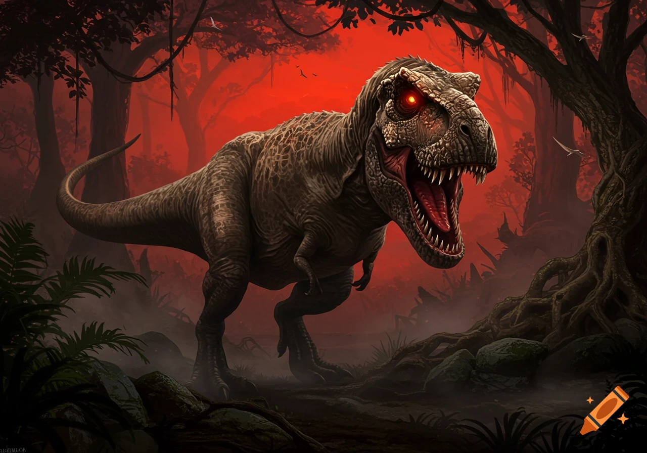 A roaring brown T-rex with glowing red eyes and an open mouth in a dark, red-tinged jungle.