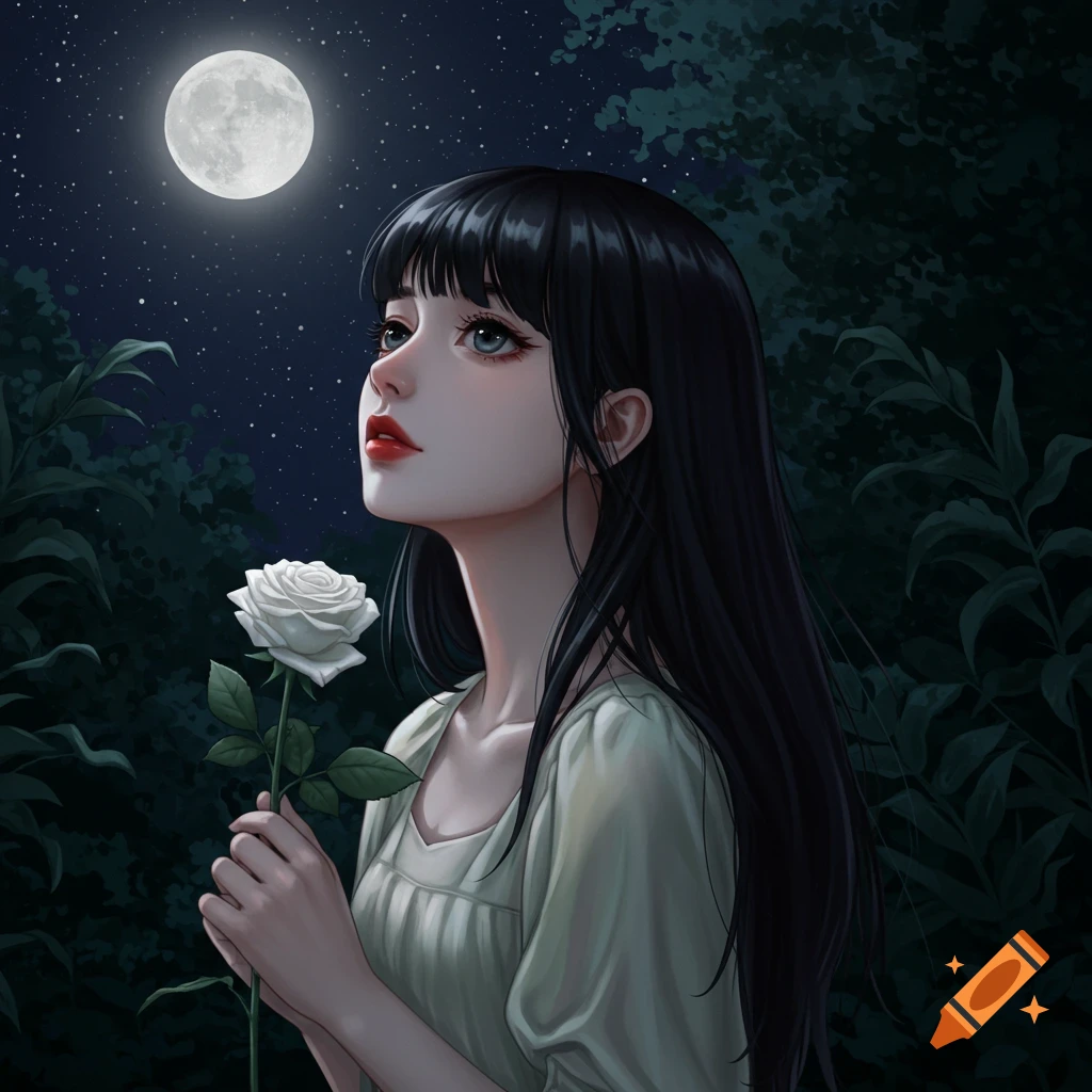 An anime girl with long black hair looks up at a full moon in a starry night sky, holding a white rose.