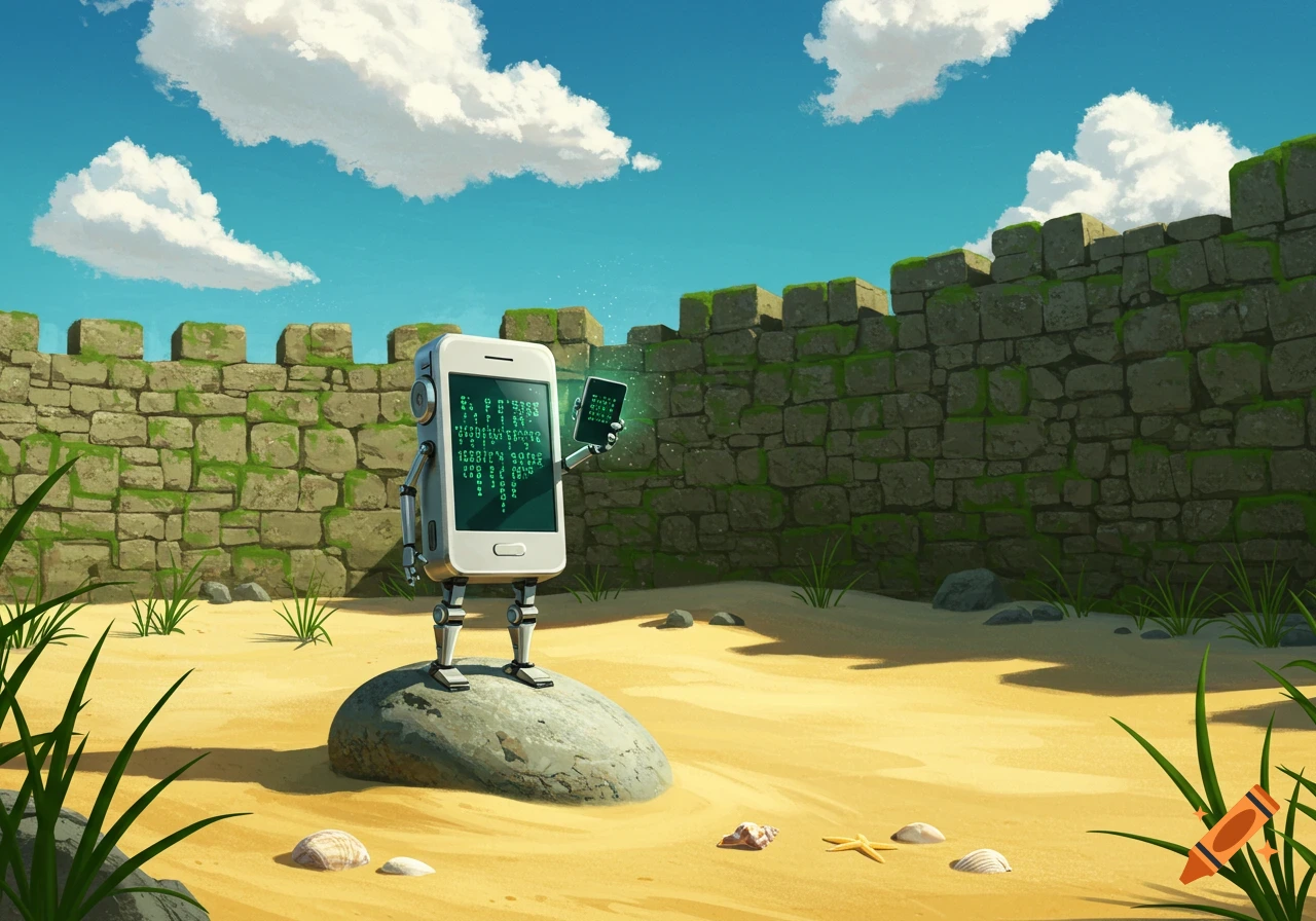 A phone robot stands on a rock on a sandy beach with a stone wall and blue sky, holding a small glowing phone.