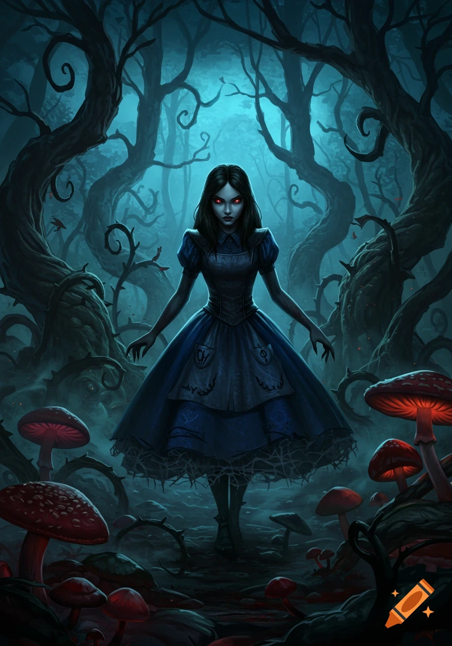 An evil Alice from Wonderland with glowing red eyes stands in a dark, gnarled forest surrounded by glowing red mushrooms.