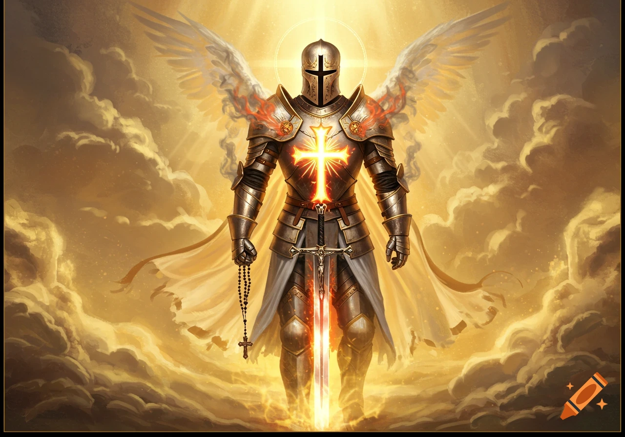 A powerful angelic knight in gleaming armor with a glowing cross on his chest, holding a cross-hilted sword and rosary, set against golden clouds.