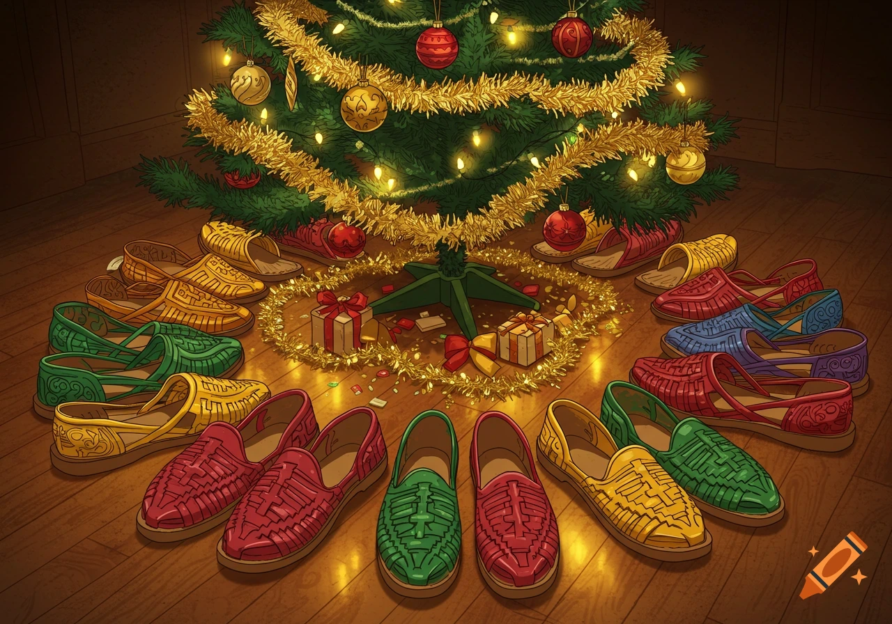 Colorful Mexican sandals arranged in a circle around a decorated Christmas tree with gifts on a wooden floor, illustrated.