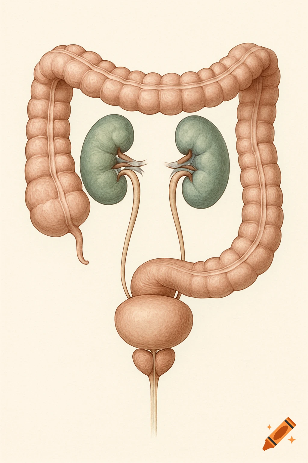 A detailed anatomical illustration of the human colon, kidneys, ureters, bladder, and prostate.