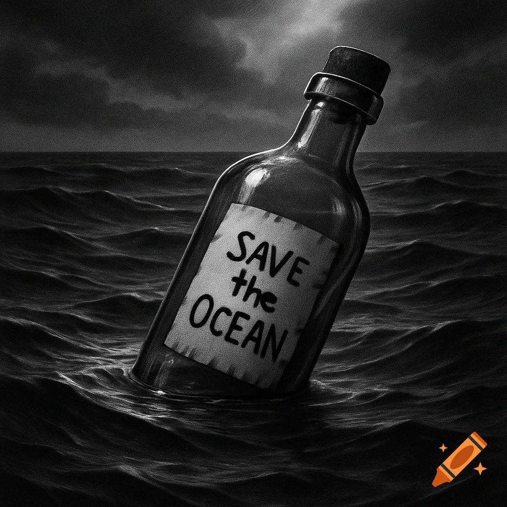 Black and white artistic rendering of a message in a bottle with "SAVE the OCEAN" on its label, floating on rough ocean waves under a stormy sky.
