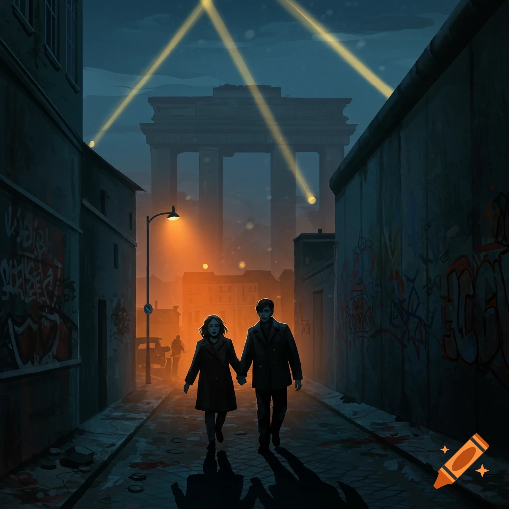 A stylized illustration of a couple holding hands, walking down a dark, graffiti-covered city street at night, with searchlights and a large archway in the distance.