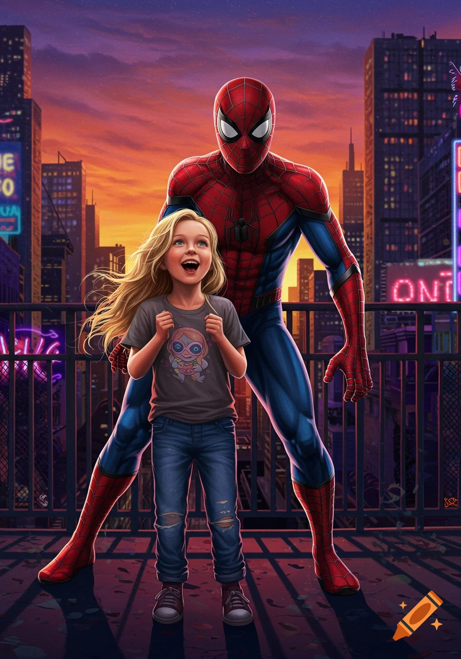 A smiling blonde girl with long hair stands next to Spider-Man on a city rooftop at sunset in a vibrant comic art style.