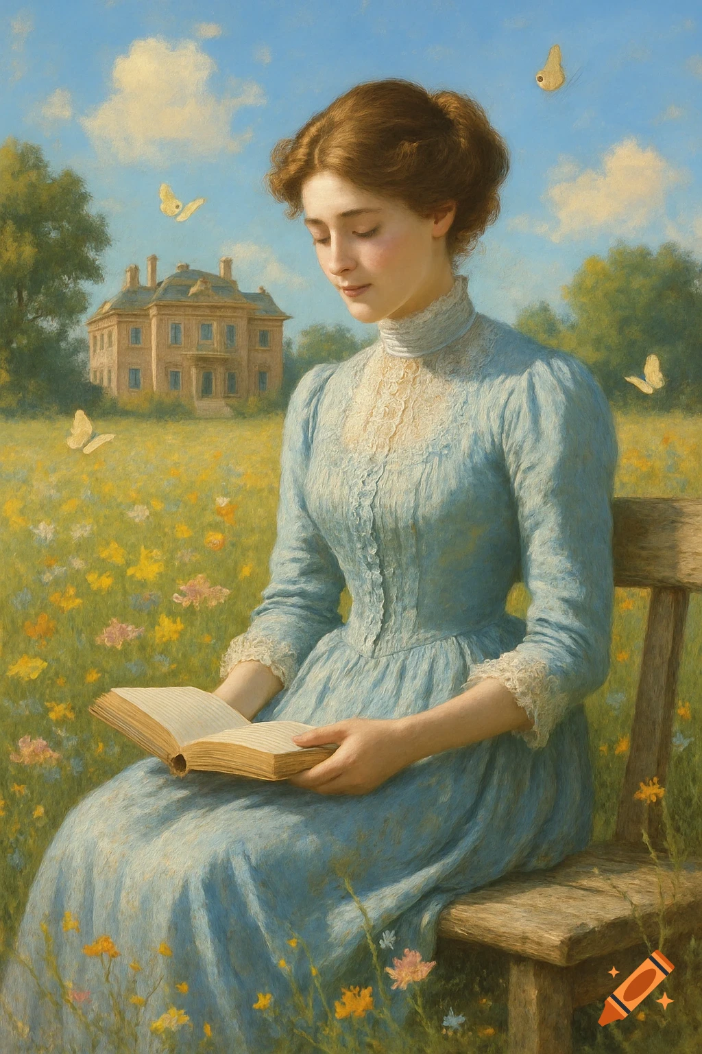 A woman in a blue 1890s dress reads a book on a bench in a sunny wildflower field, with a mansion in the background. Painting.