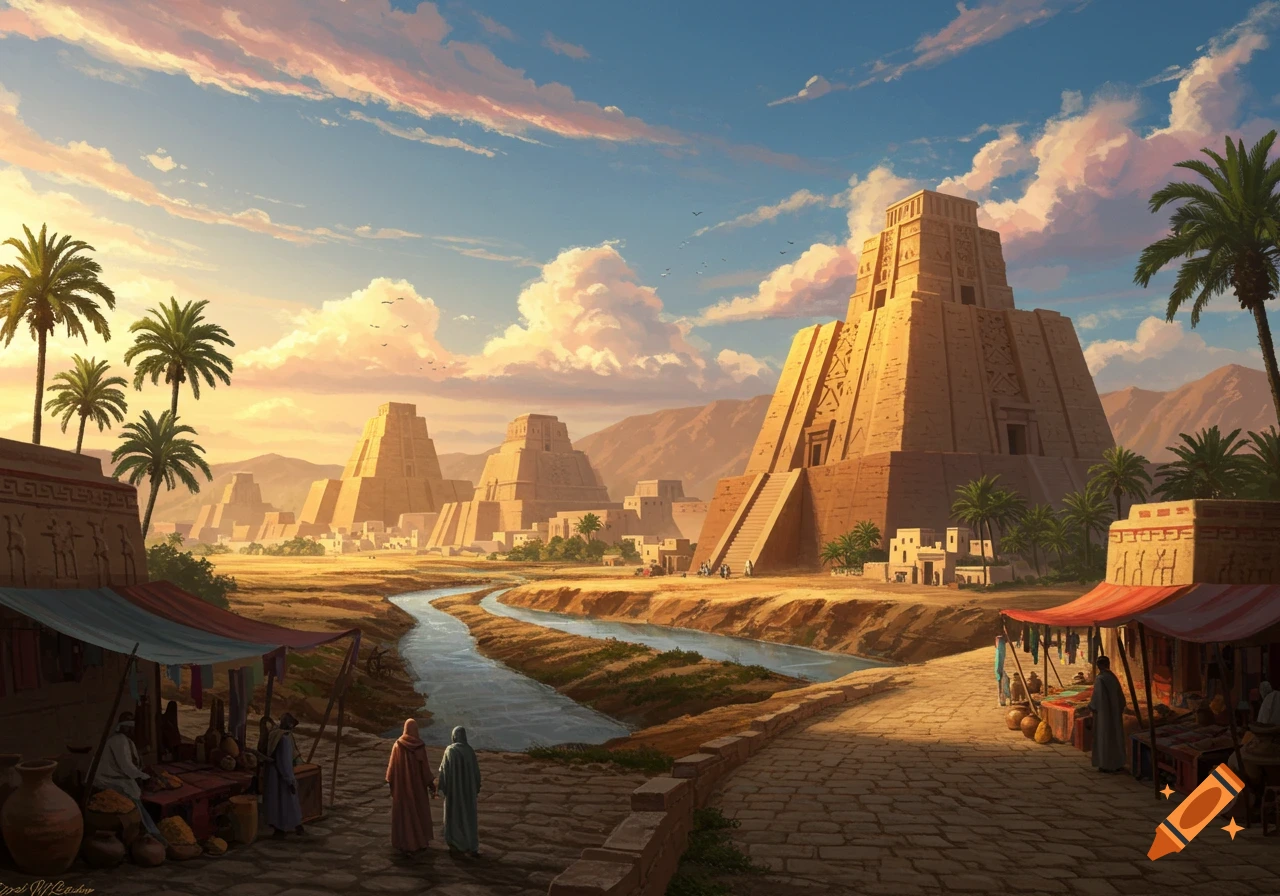 A vibrant fantasy painting of an ancient Sumerian city with large ziggurats, a river, palm trees, and marketplace activity at sunset.