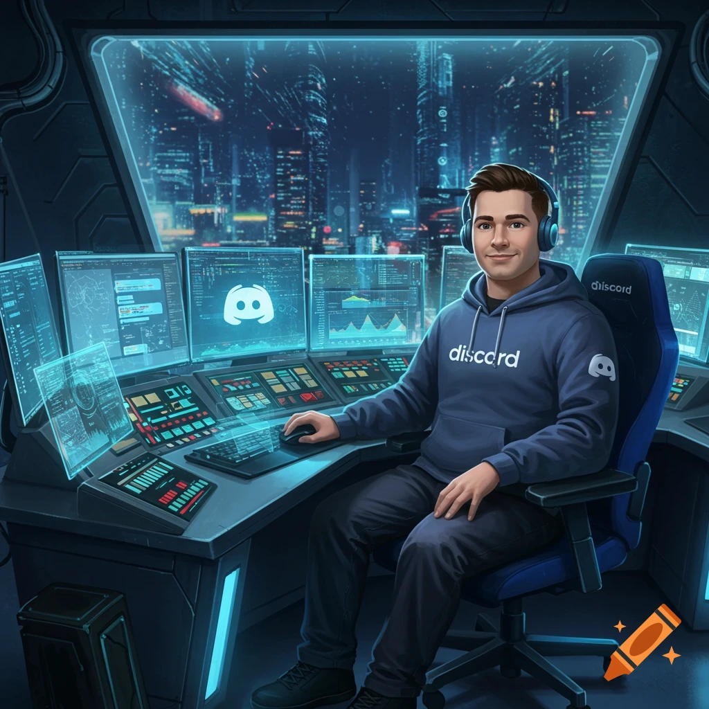 A man in a Discord hoodie and headphones sits at a multi-screen tech console in a futuristic room overlooking a cyberpunk city.