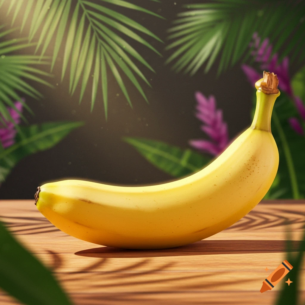 A single ripe yellow banana rests on a wooden table, with lush green and purple tropical foliage blurred in the background, lit by sunlight.