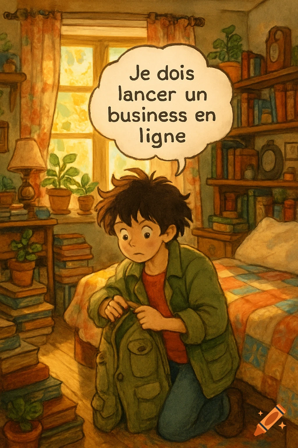 A Ghibli-style boy kneels in his cluttered room, looking into his jacket pocket, with a thought bubble saying 'I must start an online business.'