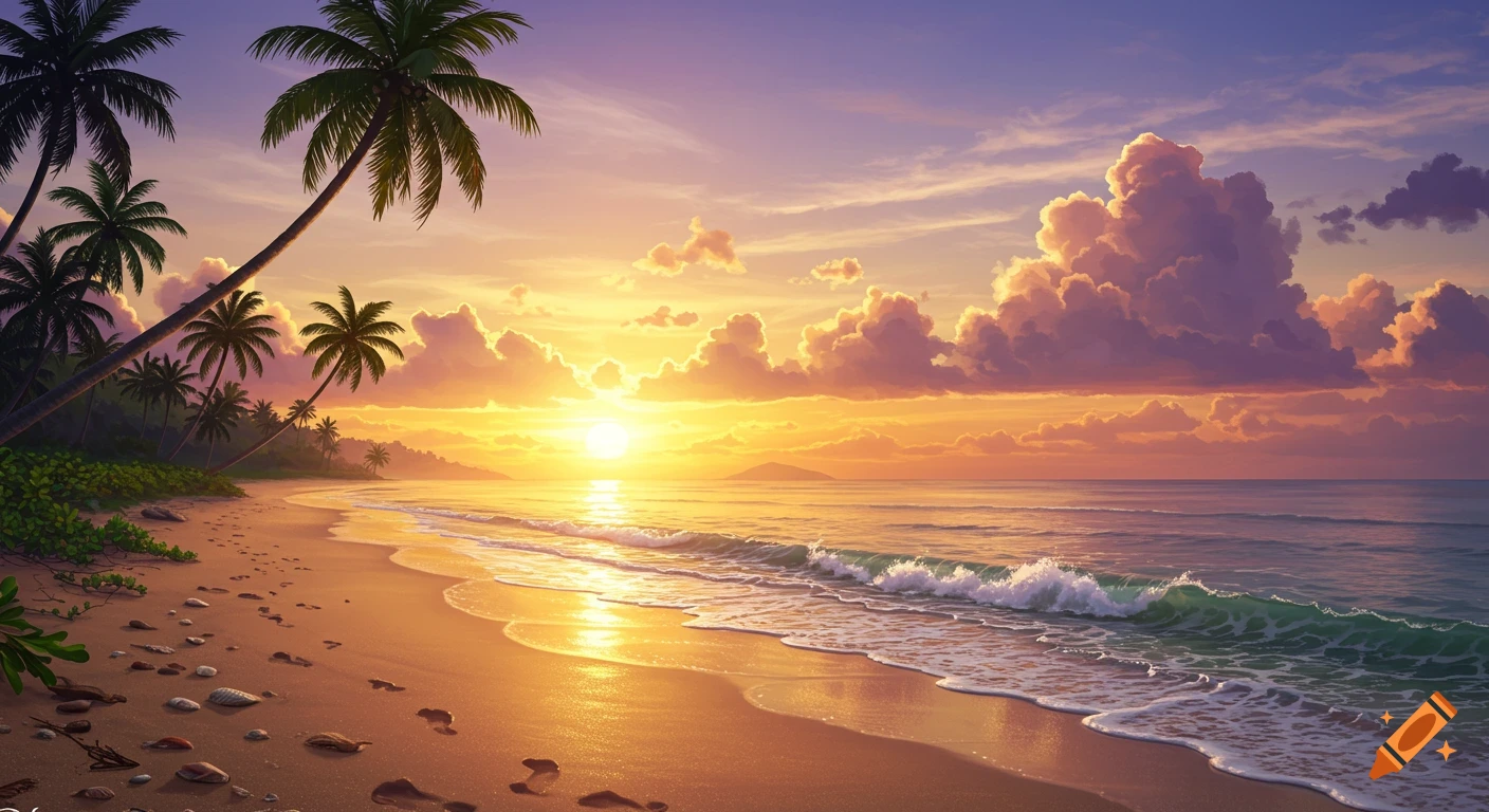 A vibrant tropical beach sunset with silhouetted palm trees, golden light reflecting on the ocean waves and sandy shore.