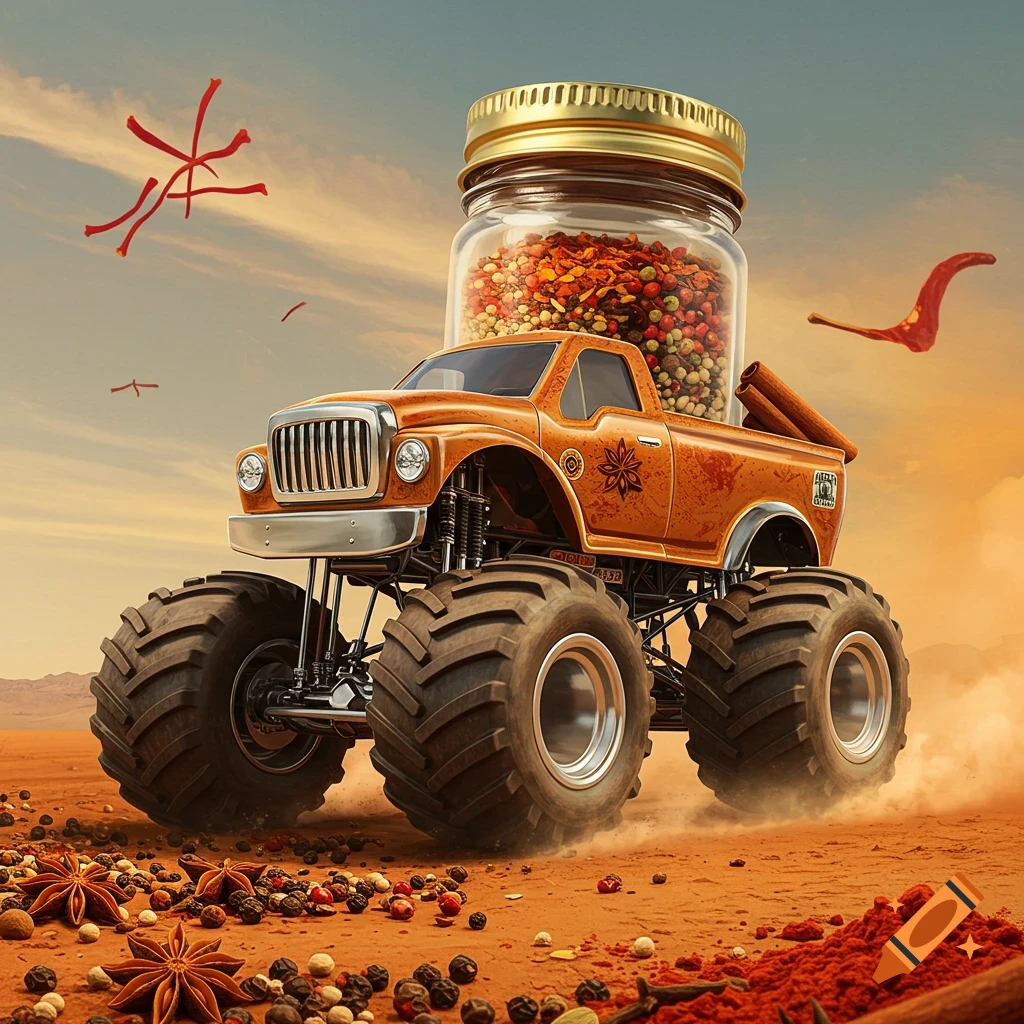 A monster truck with a giant spice jar on its bed drives through a desert scattered with spices, under an orange and blue sky.