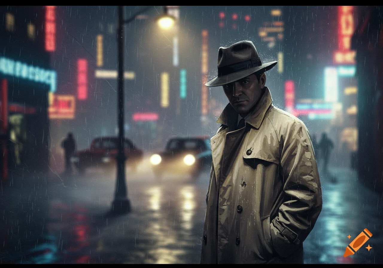 A man in a trench coat and fedora stands in a rainy, neon-lit city street at night, with cars in the blurry background.