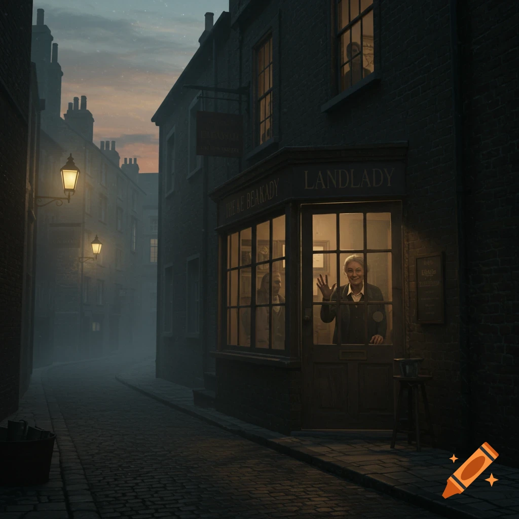 A smiling woman waves from a bay window of a building labeled 'LANDLADY' and 'THE LE BEAKADY' on a foggy, gaslit cobblestone street at dusk.