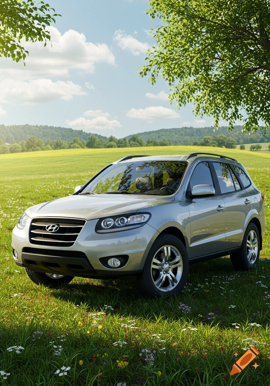 A silver Hyundai Santa Fe SUV is parked in a lush grassy field with wildflowers under a blue sky, surrounded by trees and rolling hills.