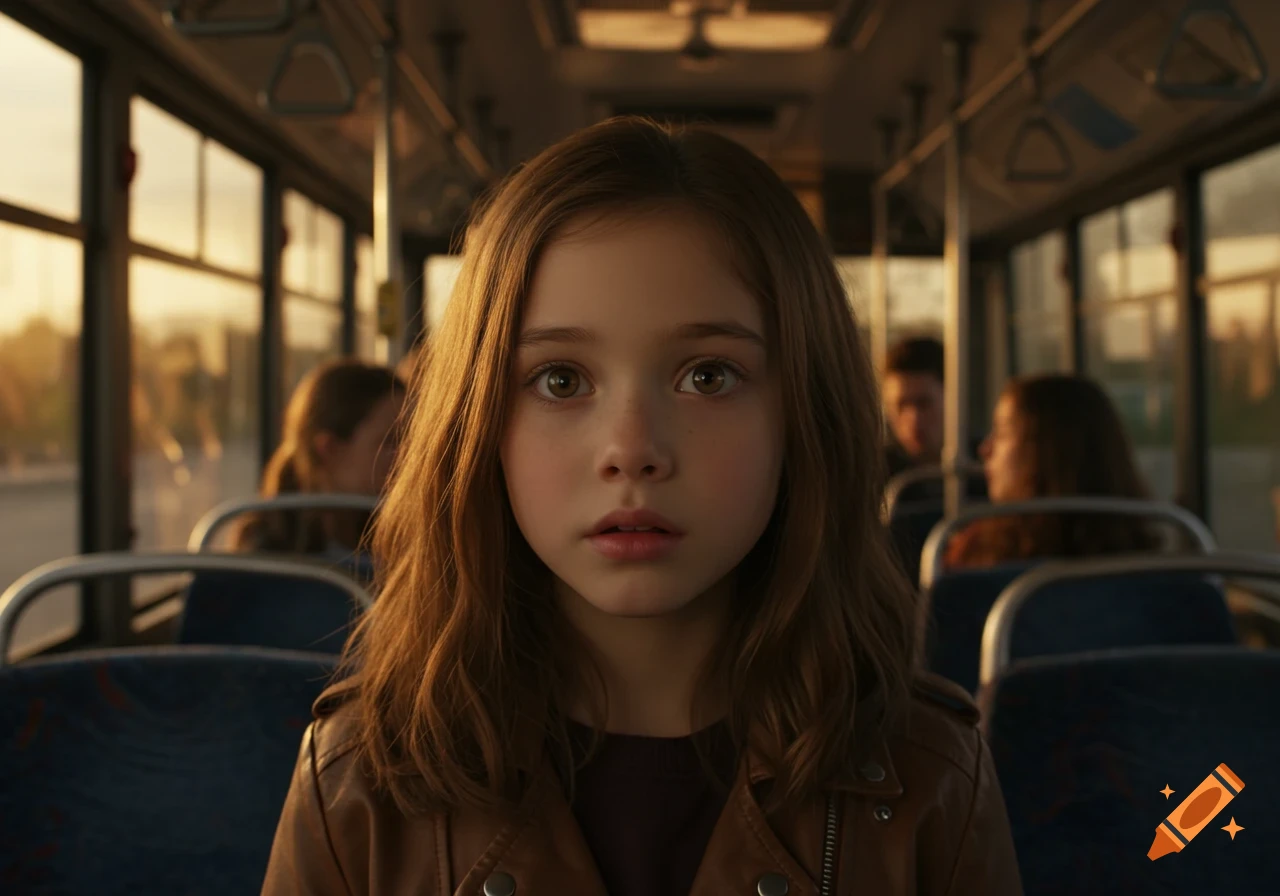 A close-up hyperrealistic photo of a young girl with brown hair and a leather jacket, looking forward on a bus.