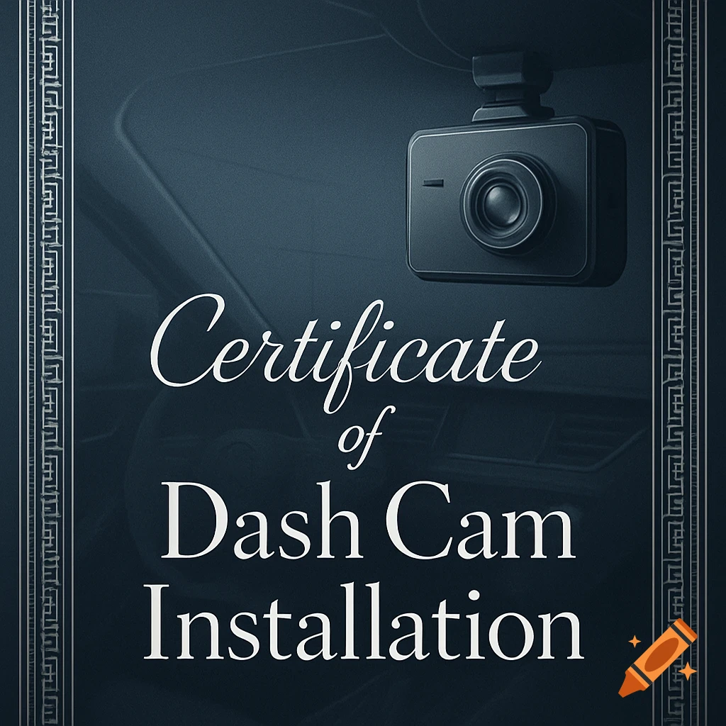 A formal certificate titled 'Certificate of Dash Cam Installation' with a dash cam mounted above it inside a vehicle.
