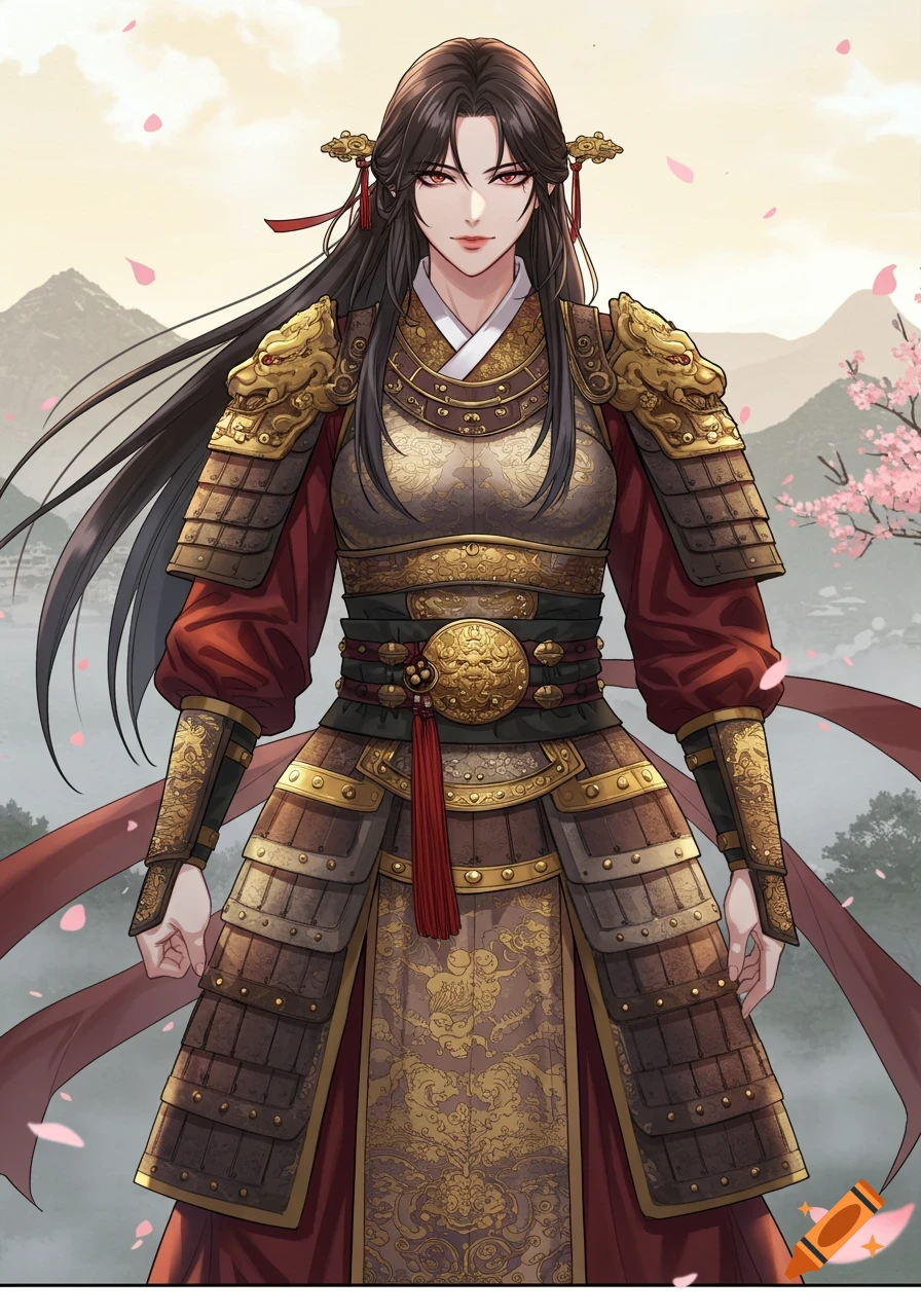A female warrior with long dark hair and red eyes, wearing elaborate gold and brown traditional armor, stands against a mountain landscape with cherry blossoms in Korean manhwa style.