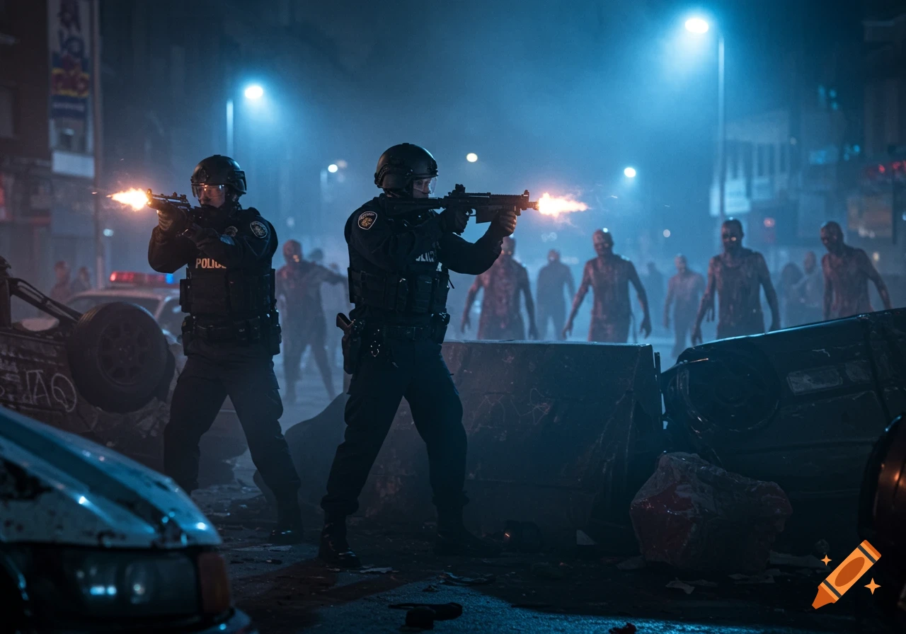Two armed police officers shoot at a horde of zombies from behind barricades in a dark, smoke-filled, destroyed city street at night.
