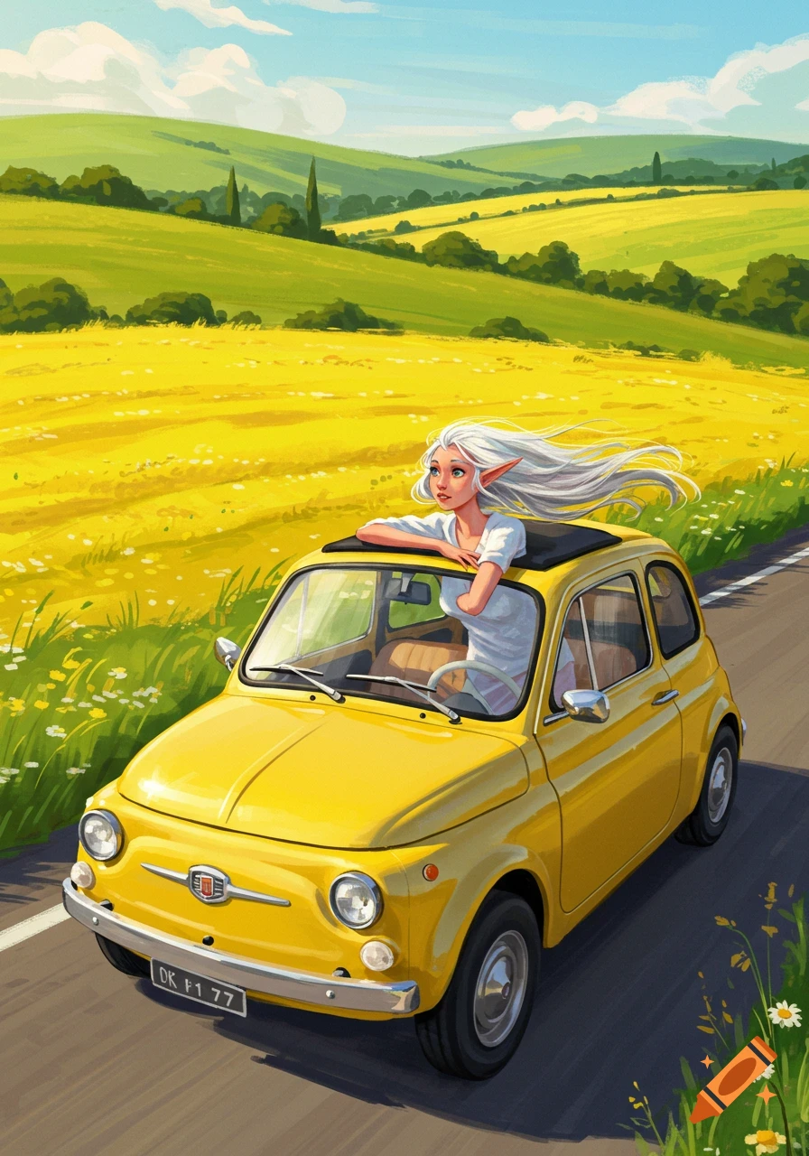 An elf woman leans out a yellow retro Fiat 500's sunroof, driving through a sunny field of yellow flowers. Illustration.