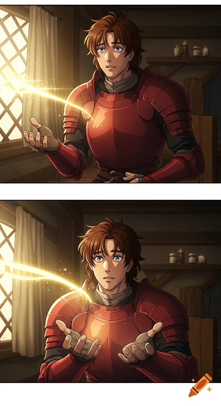Anime comic panels of a man in red armor in a medieval inn, reaching for a glowing magical light.