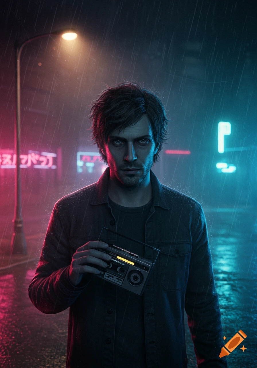 A moody man with messy hair and tired eyes holds a tape recorder in a rainy, neon-lit city street at night, photorealistic style.