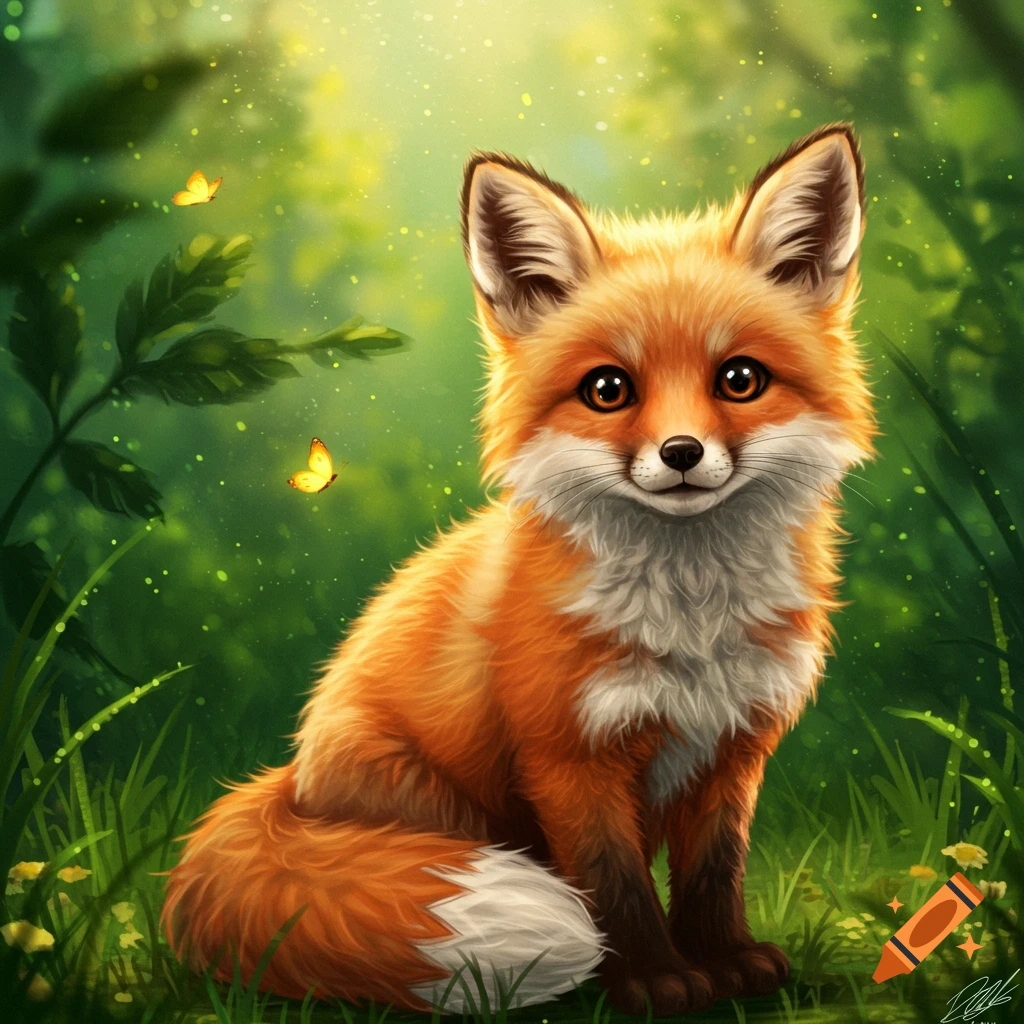 A cute, fluffy red fox with big eyes sits in a vibrant green forest with glowing light and butterflies, digital art.
