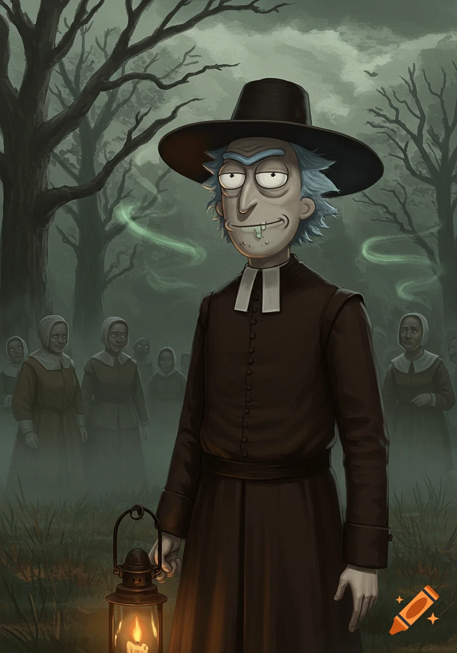 Rick Sanchez as a Puritan minister holds a lit lantern in a dark, misty forest with other figures in the background, in a cartoon style.