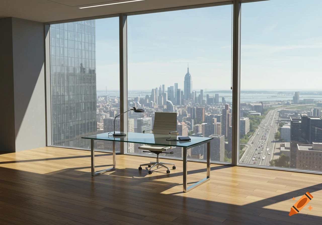 Modern office with a glass desk and a chair, overlooking a city skyline with skyscrapers and a highway.