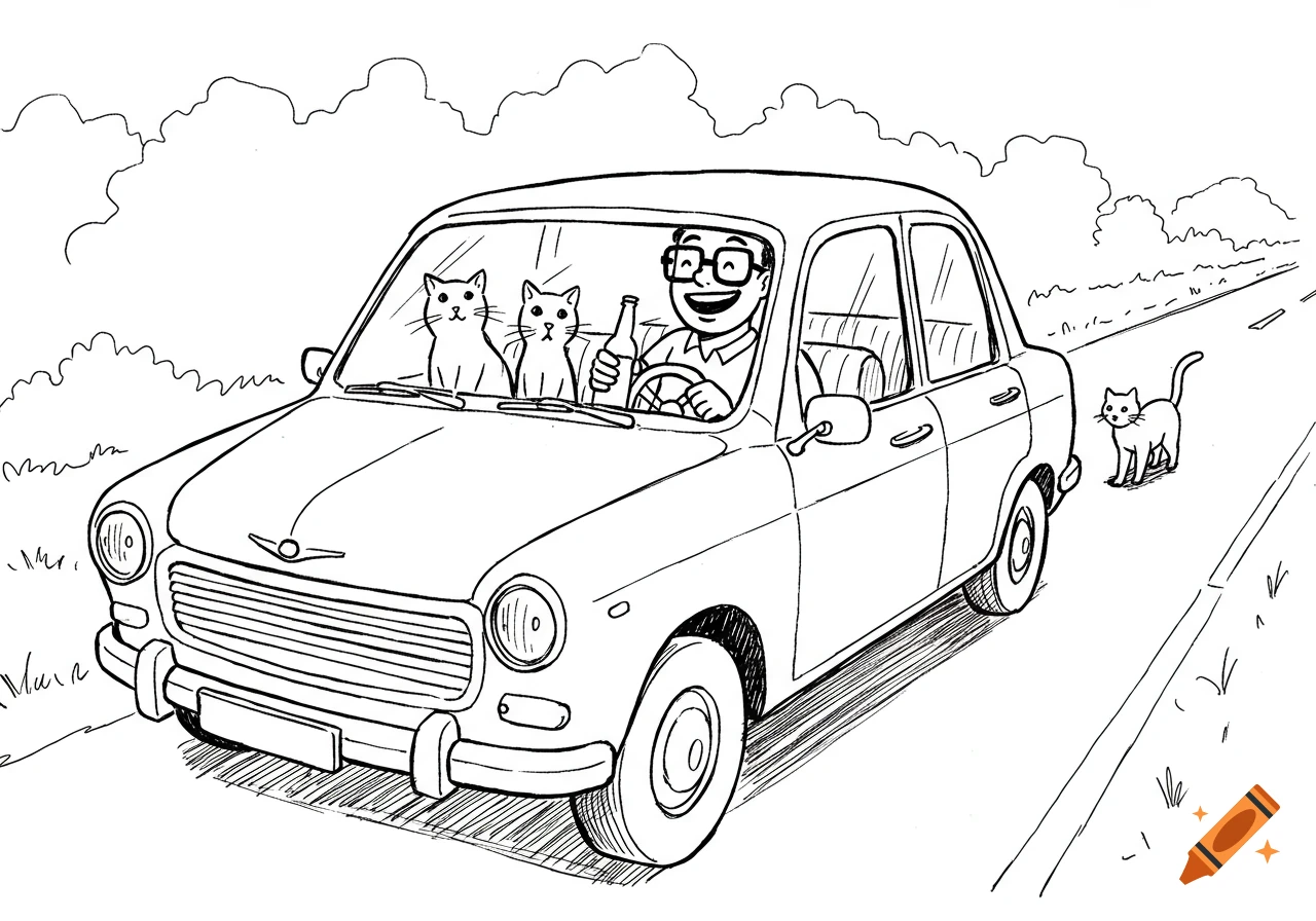 Black and white line art of a smiling man in a car with two cats, holding a bottle, another cat on the road.