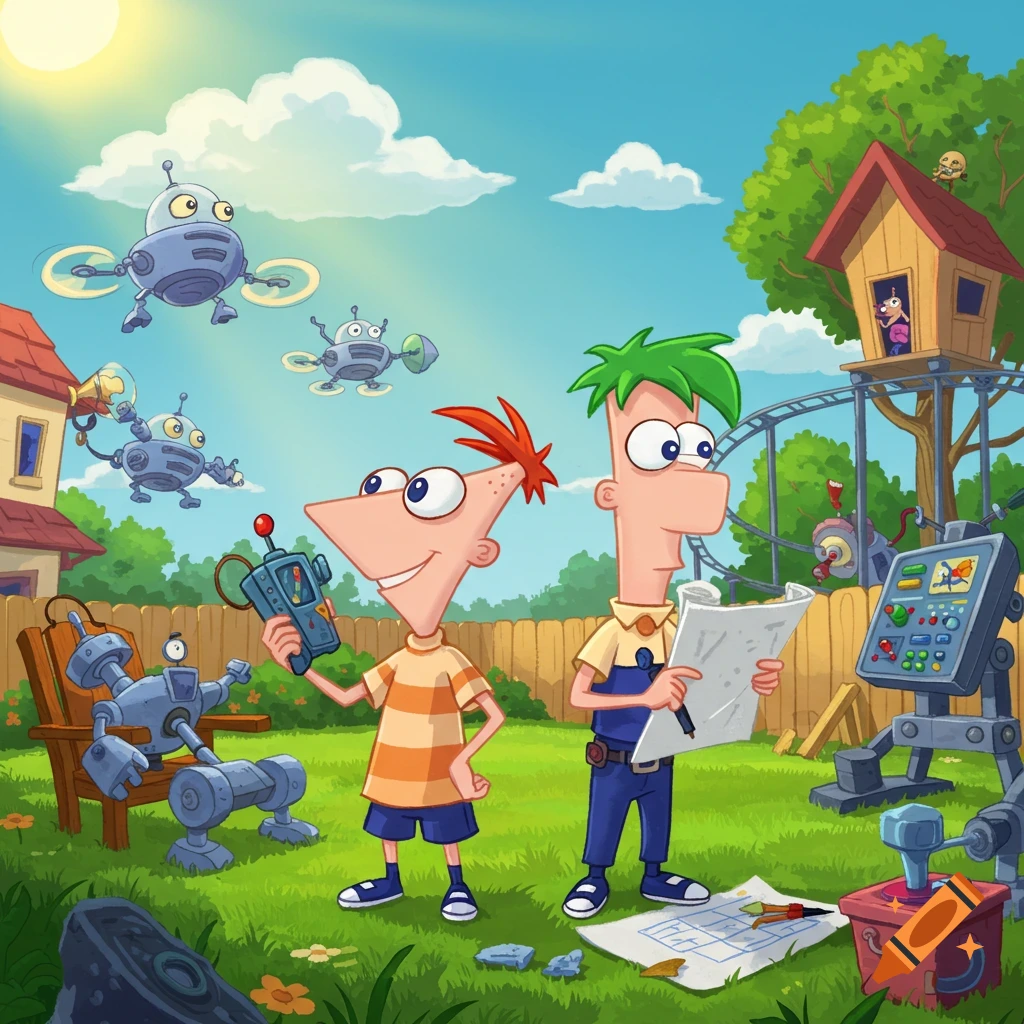Cartoon of Phineas and Ferb in their backyard with flying robots, a treehouse rollercoaster, and other inventions on a sunny day.