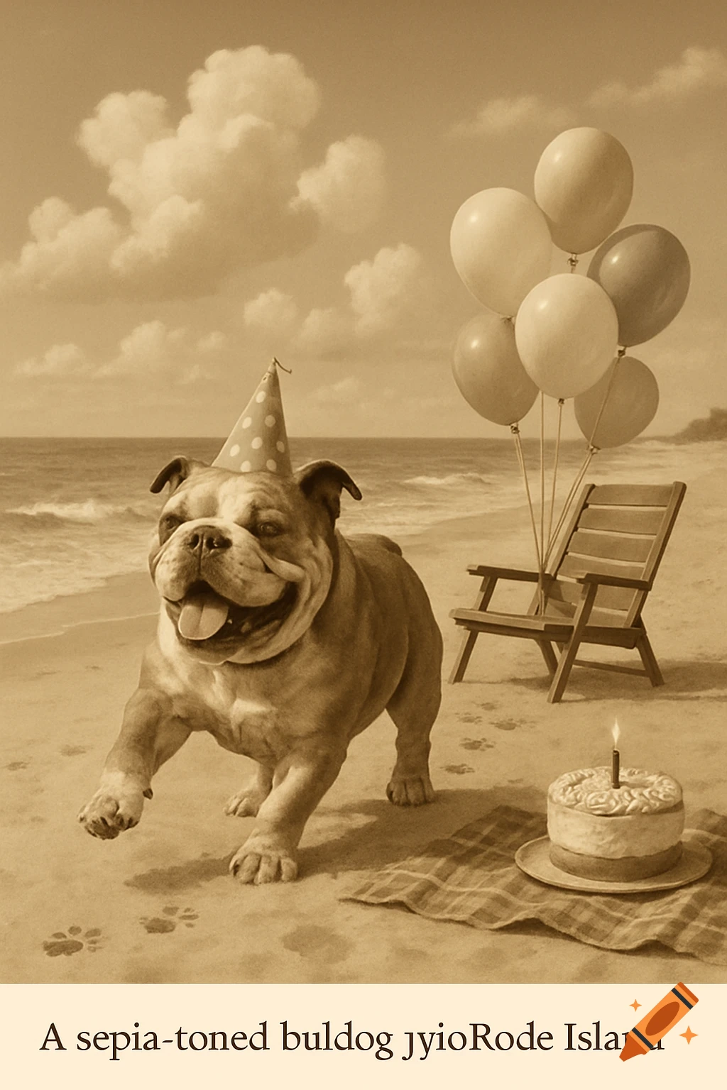 Sepia-toned image of a happy bulldog wearing a party hat, running on a beach next to balloons and a birthday cake.