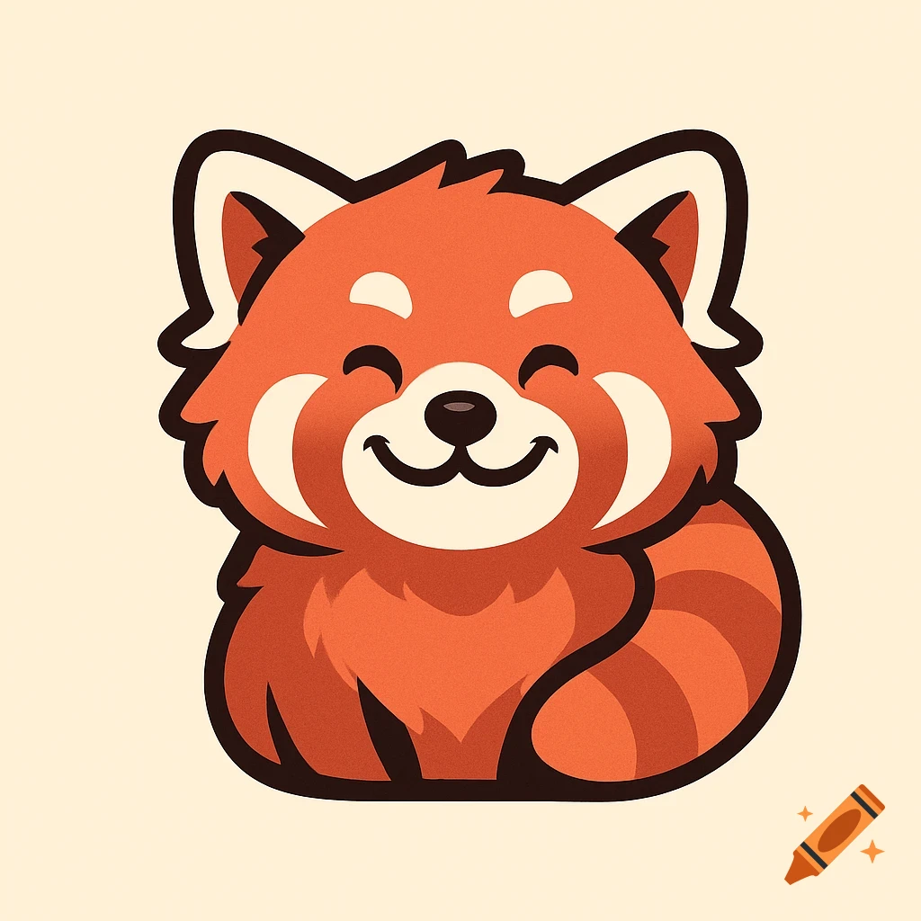 A minimalist, cute red panda mascot logo with a joyful smile, designed in a modern flat-color style with red and orange tones.