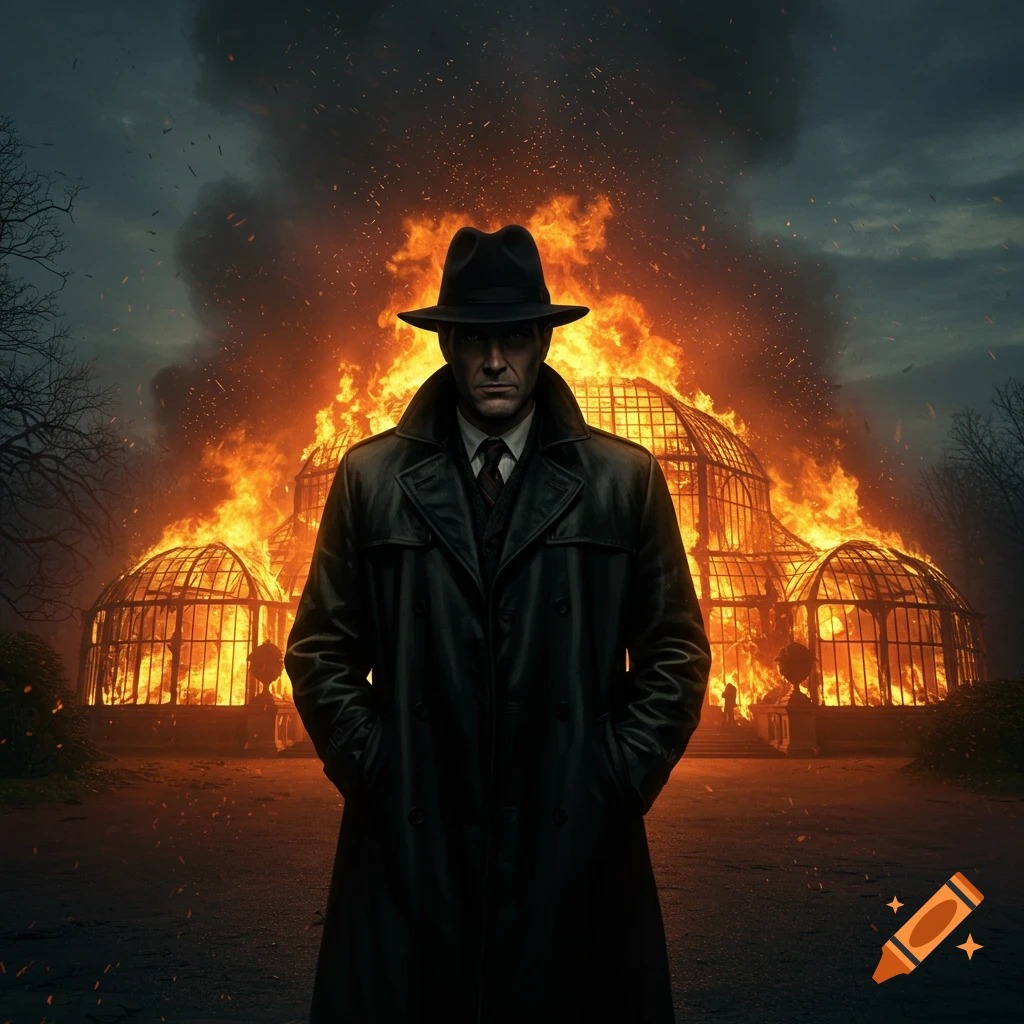 A mysterious man in a black trenchcoat and fedora stands grimly before the dramatically burning Crystal Palace at dusk.