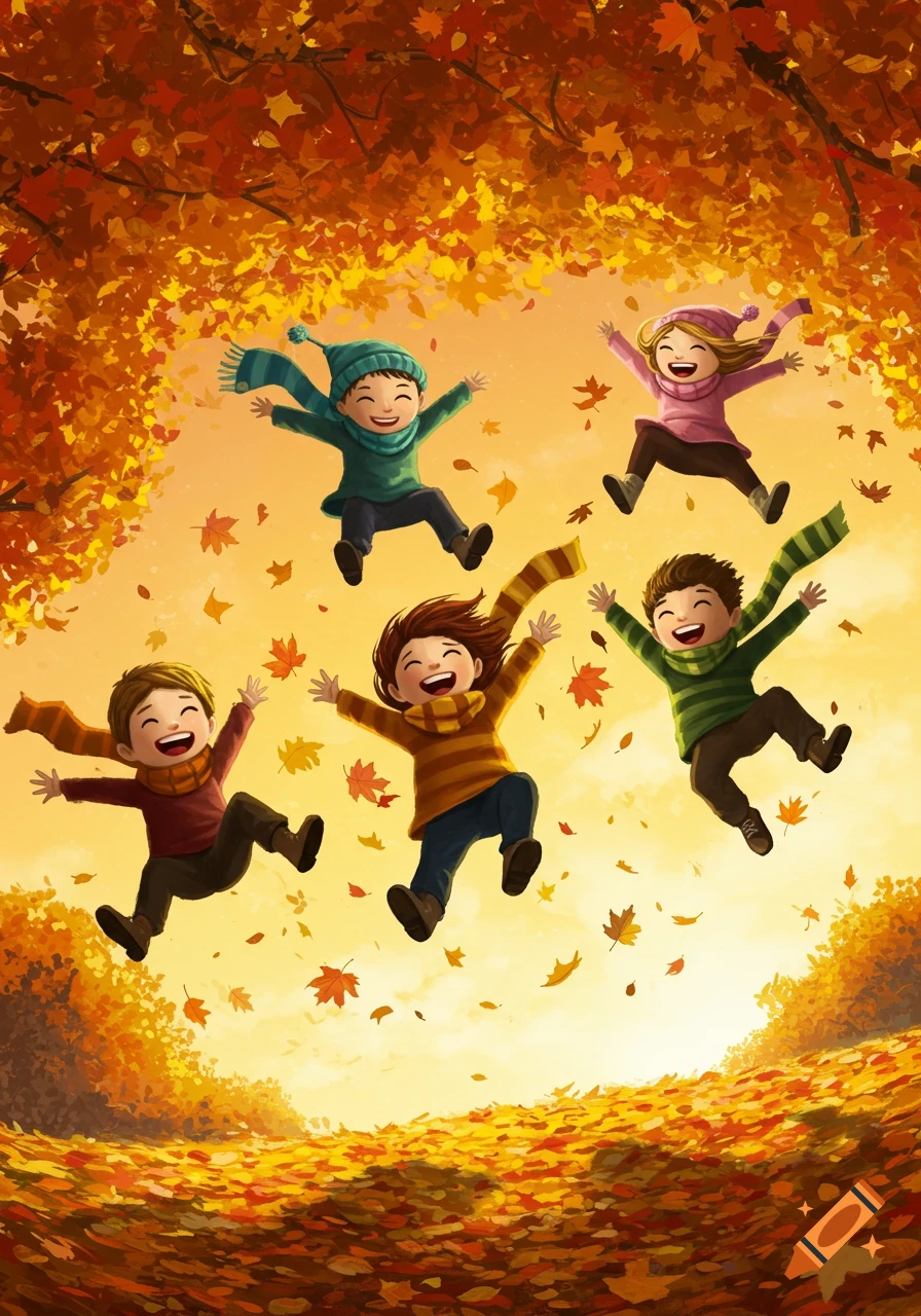 Five joyful children jump and play amidst a shower of vibrant autumn leaves, surrounded by warm fall colors in an illustration.