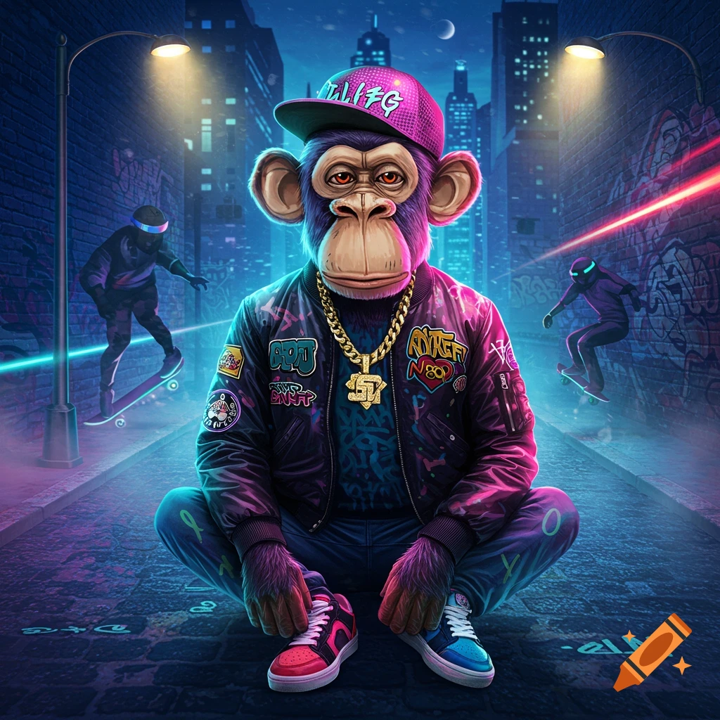 A cool monkey wearing a pink baseball cap, gold chain, and bomber jacket sits in a neon-lit city alley with two skateboarders.