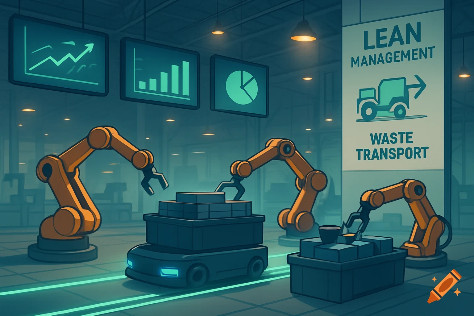 An automated factory illustration with robotic arms and an autonomous vehicle moving materials under screens and a 'Lean Management Waste Transport' sign.