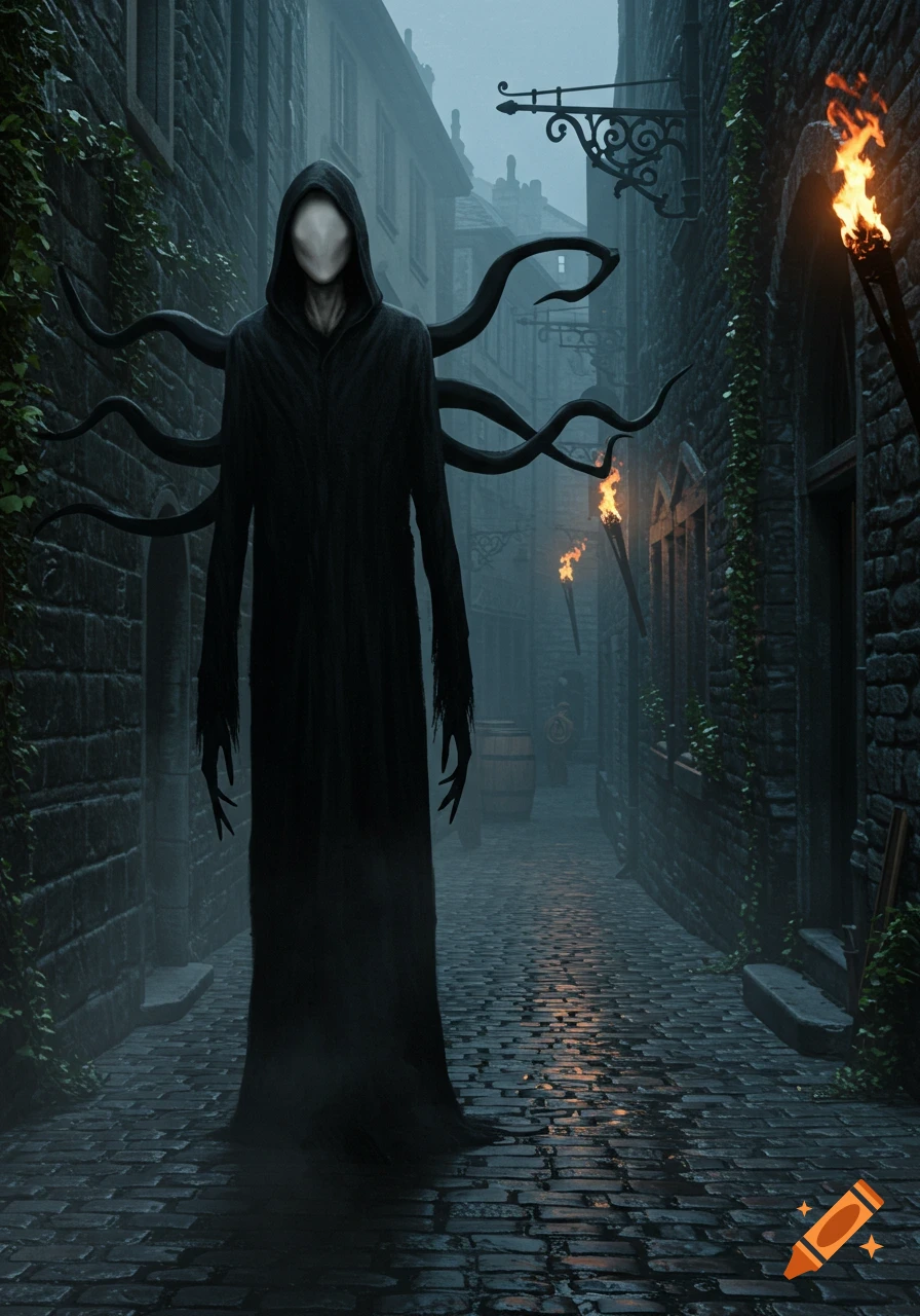 Slenderman with an empty face and tentacles, wearing a hooded robe, stands in a dark, foggy medieval alley with cobblestones and torchlight.