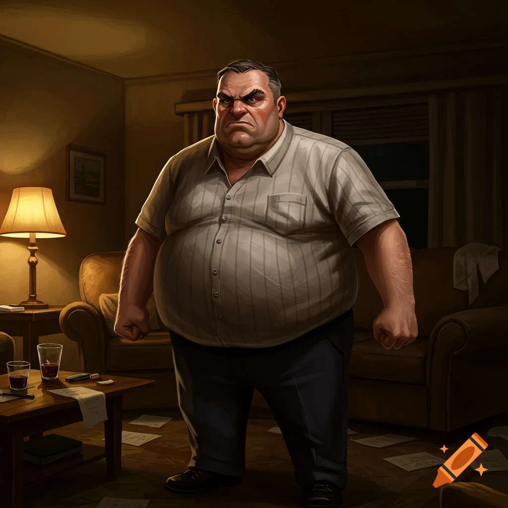 Illustration of an angry, overweight man in a striped shirt, standing with fisted hands in a dimly lit, messy living room.