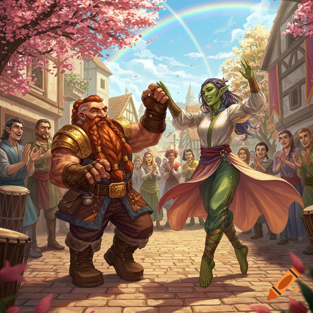 A muscular dwarf and a green-skinned orc joyfully dance in a sunny D&D-style fantasy town with cherry blossoms and a rainbow.