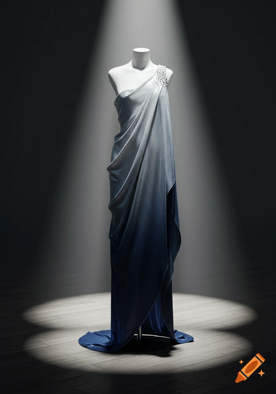 A shimmering silver and blue ombre dress draped on a white mannequin, spotlighted in a dark room.