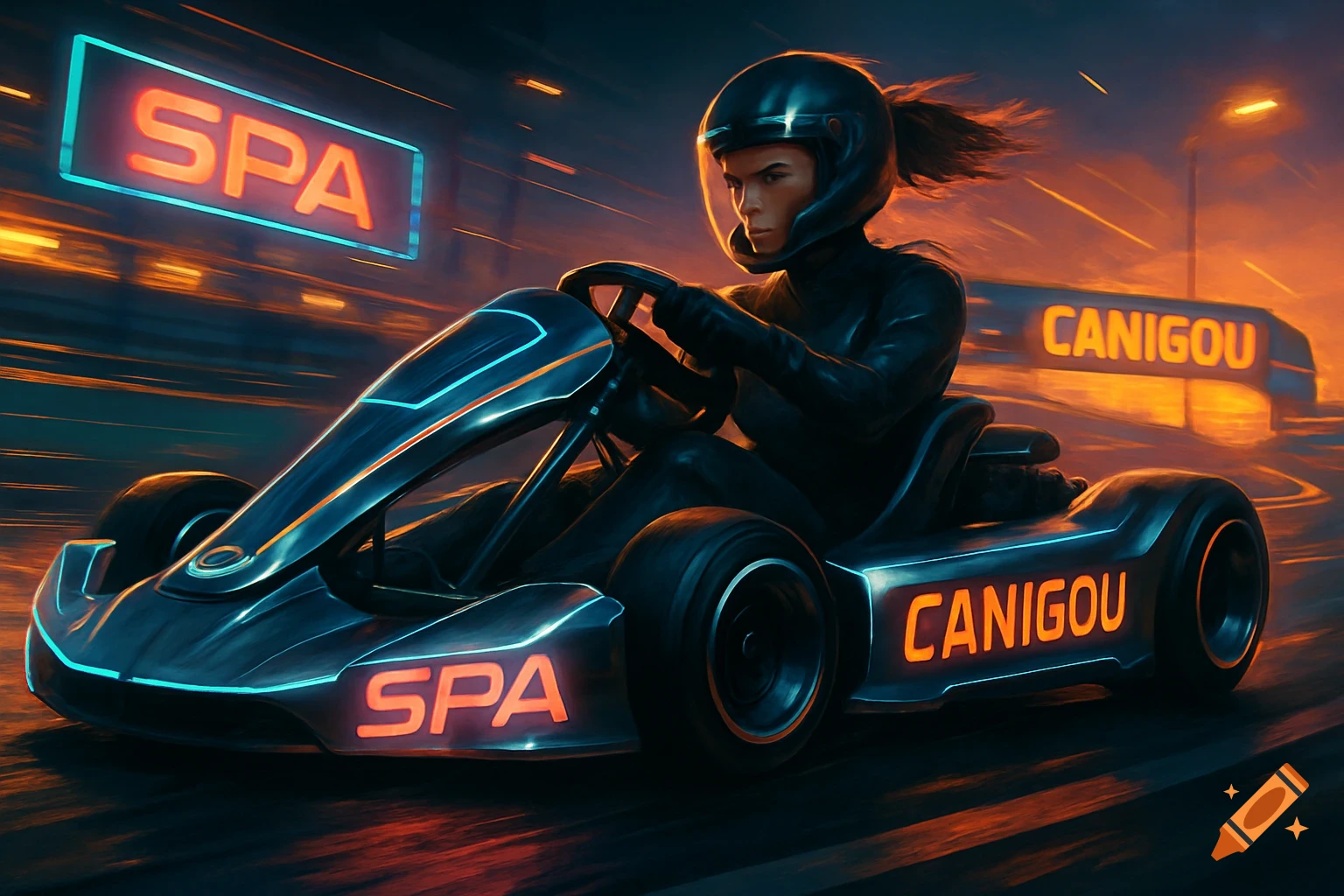 A woman in a black helmet and racing suit drives a futuristic go-kart at night with neon signs "SPA" and "CANIGOU" visible, in a vibrant, dynamic digital art style.