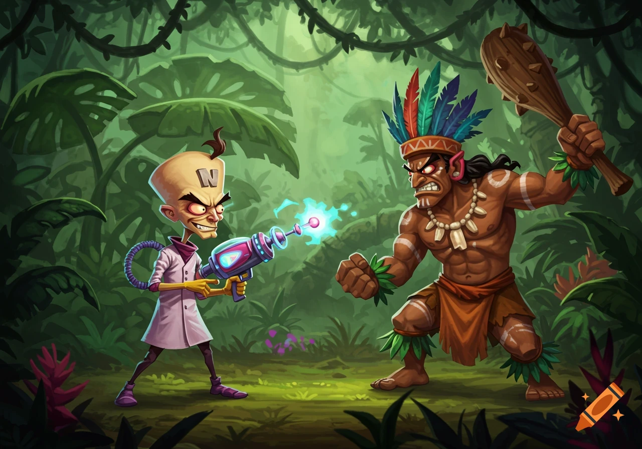 A cartoon scientist with a ray gun confronts a tribal warrior with a club in a lush jungle.