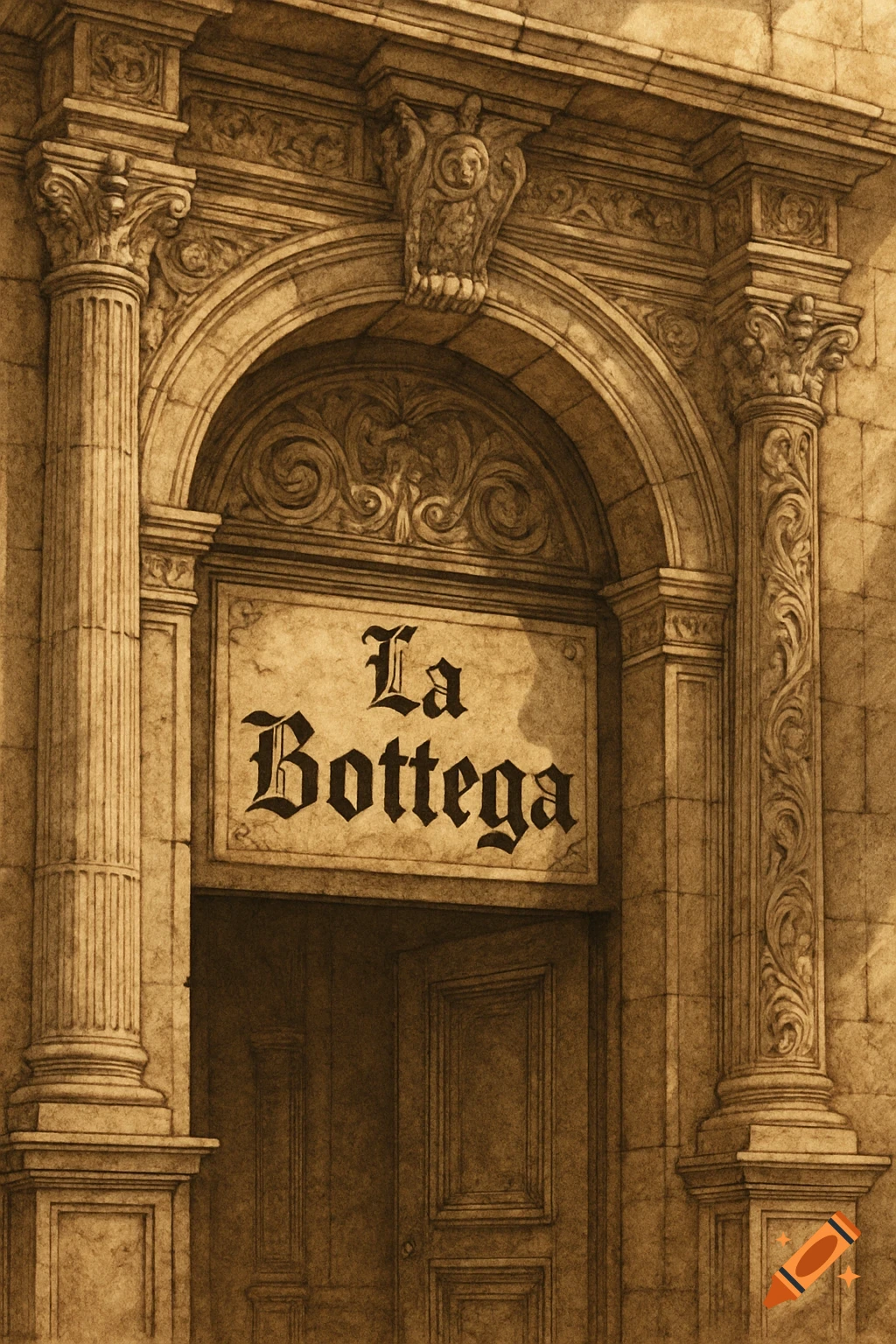 Sepia-toned illustration of an ornate stone archway entrance to a historic building, with a sign reading 'La Bottega'.