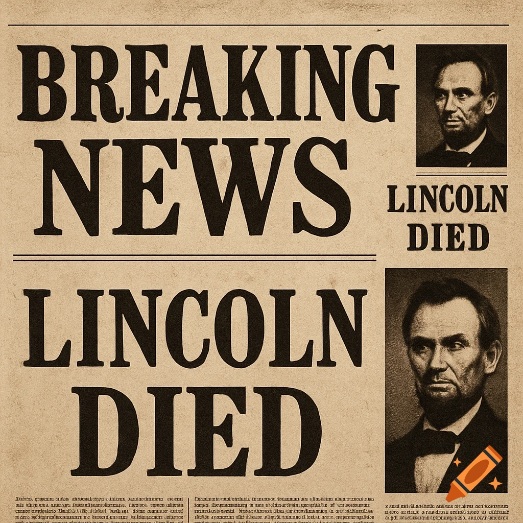 An old newspaper with a sepia tone, featuring large headlines that read "BREAKING NEWS" and "LINCOLN DIED", alongside two portraits of Abraham Lincoln.