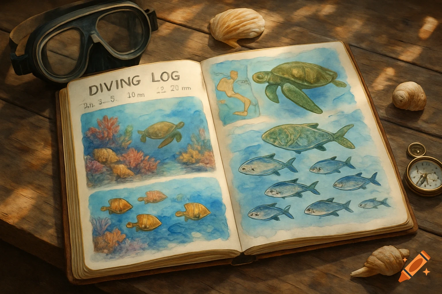 An open diving logbook with watercolor illustrations of sea turtles, fish, and coral, next to a diving mask, seashells, and a compass on a wooden table.