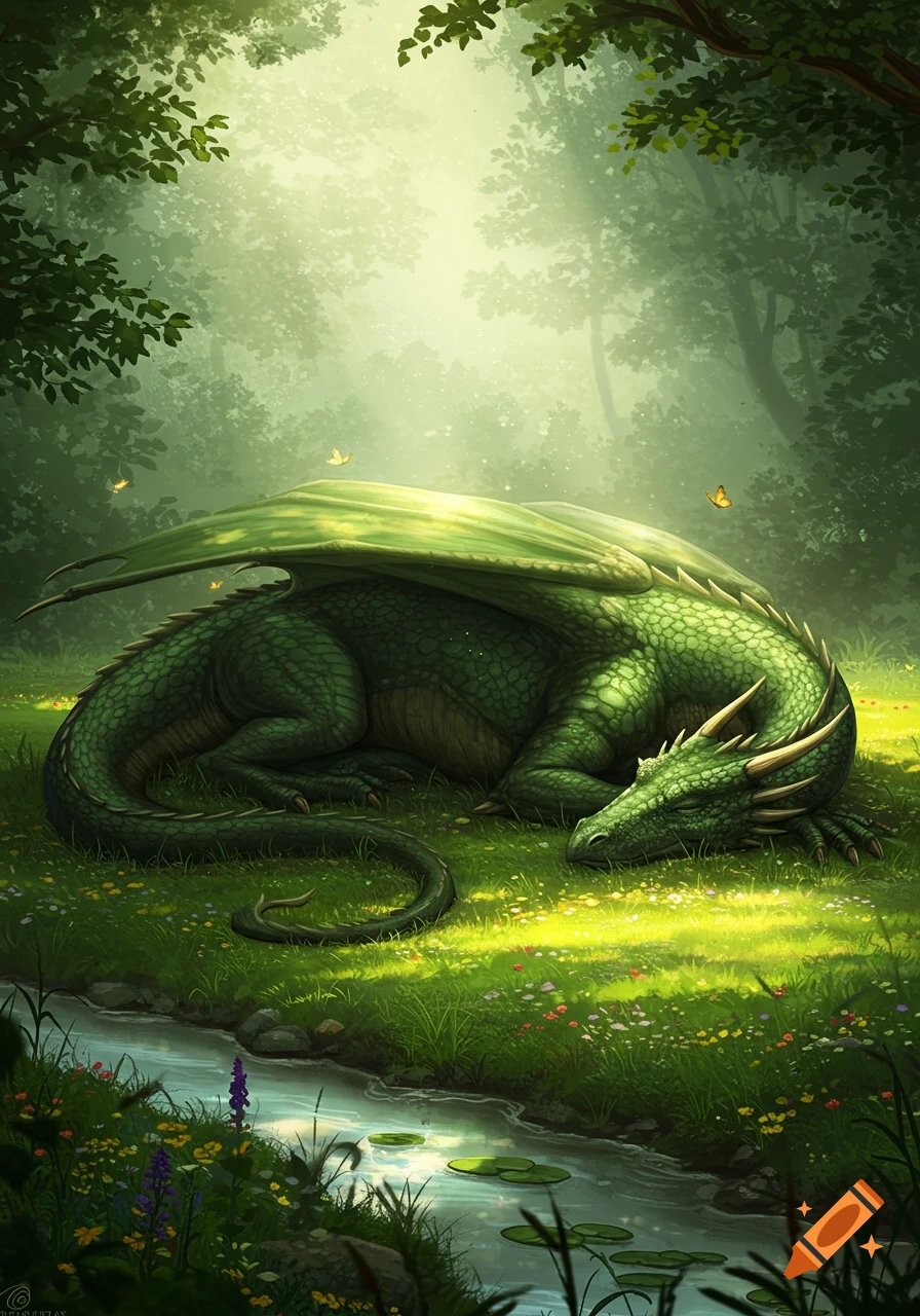 A large green dragon with prominent wings sleeps peacefully in a sun-dappled forest clearing next to a small stream.